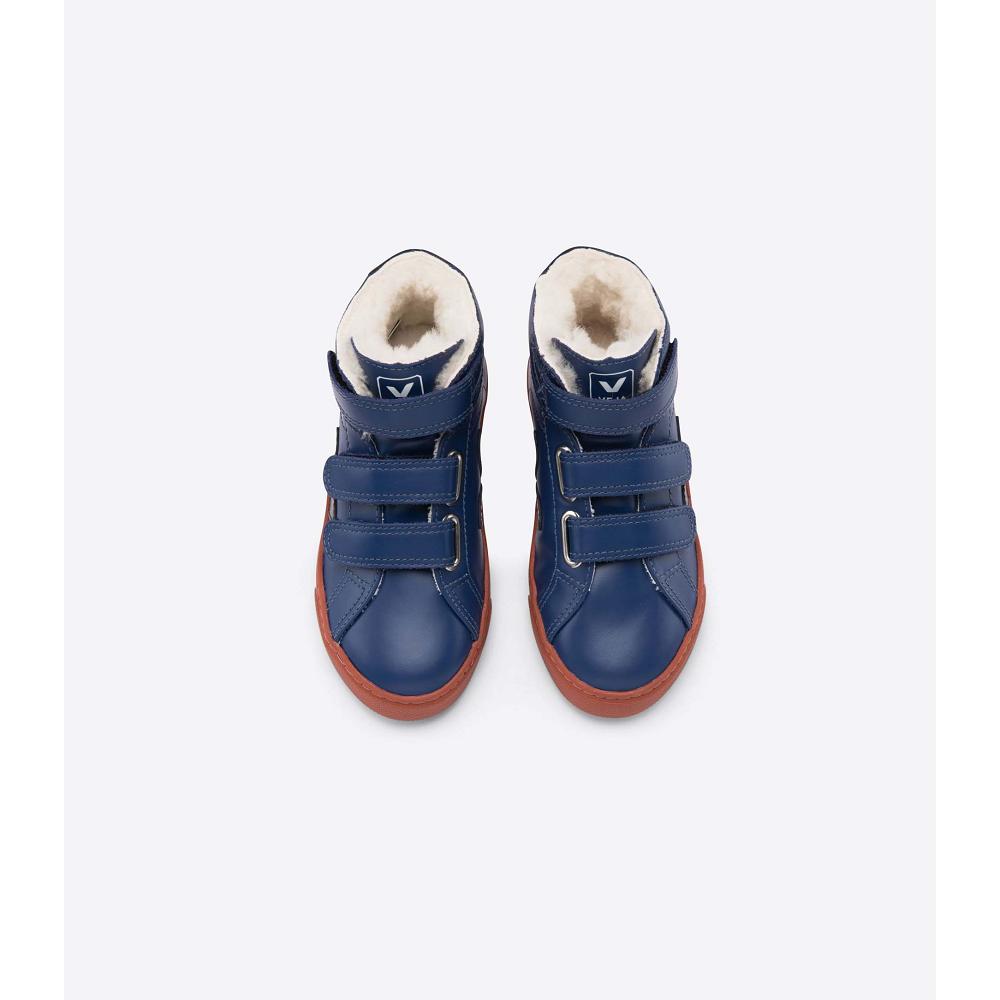 Veja ESPLAR MID FURED LEATHER Kids' High Tops Blue | NZ 689MQZ